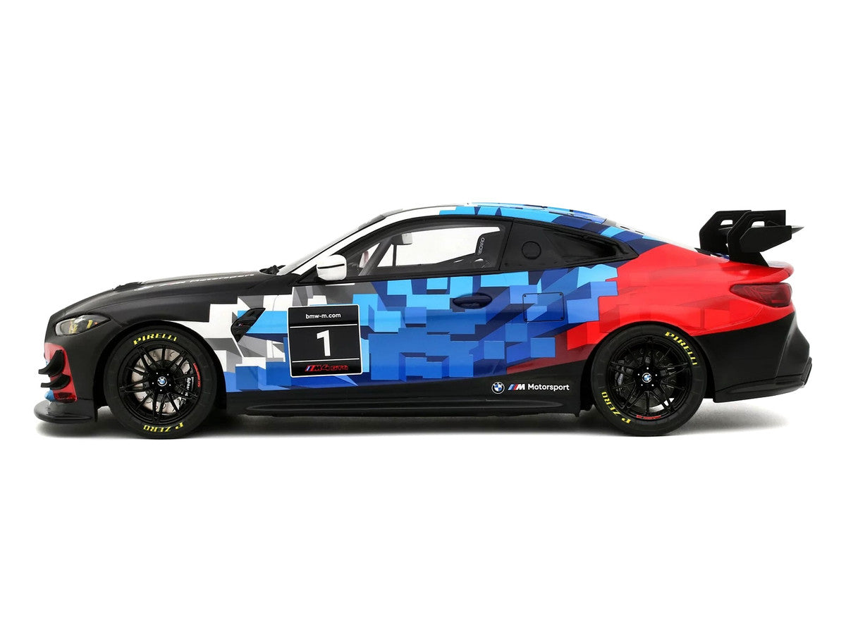 2024 BMW M4 GT4 #1 "M Motorsport Livery" Black and White with Red and Blue Graphics Limited Edition to 999 pieces Worldwide 1/18 Model Car by Otto Mobile