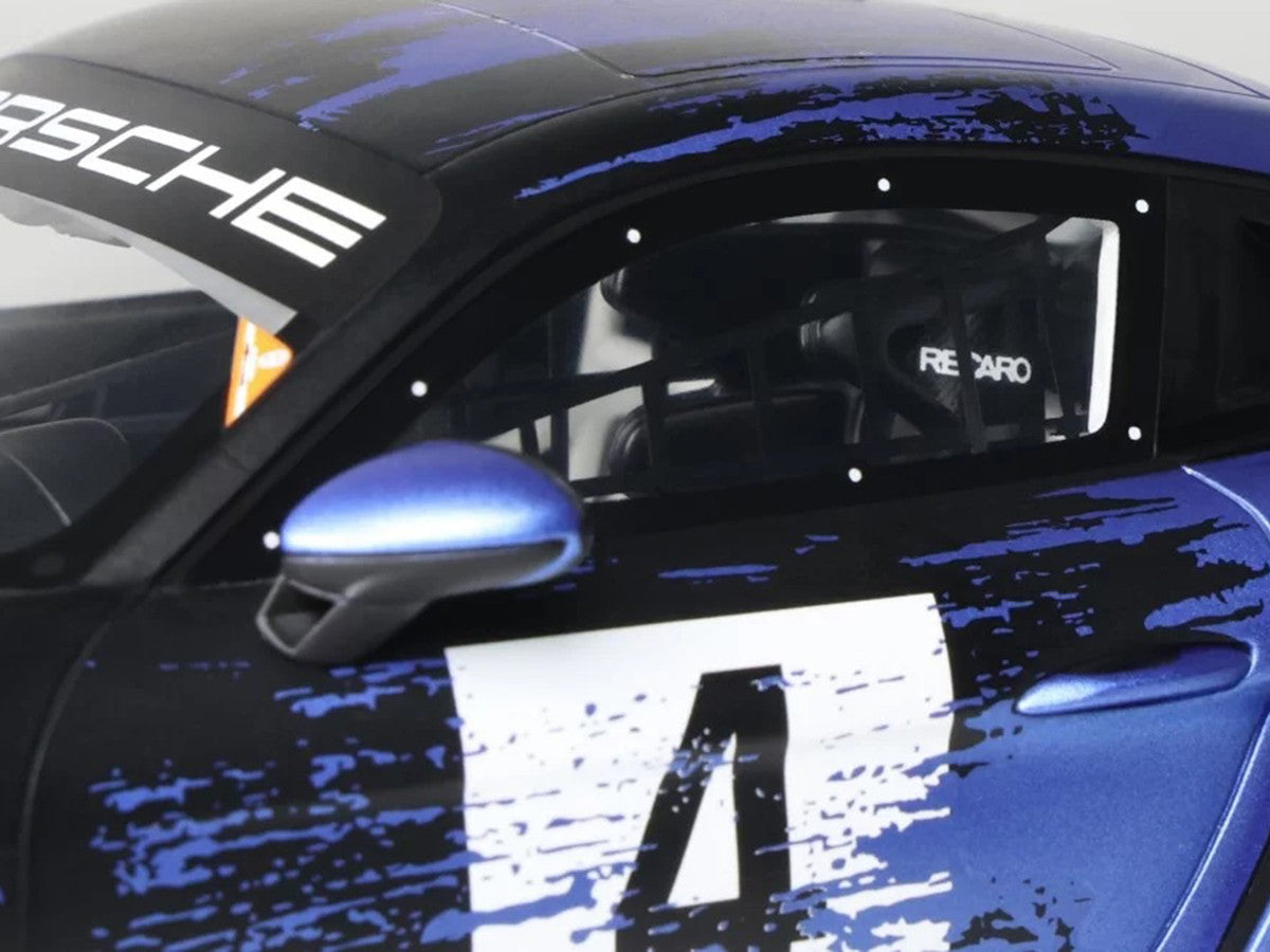 2021 Porsche Cayman 718 GT4 RS Clubsport #4 Black with Blue Graphics Limited Edition to 999 pieces Worldwide 1/18 Model Car by Otto Mobile LuxuryLifeWay Online Store