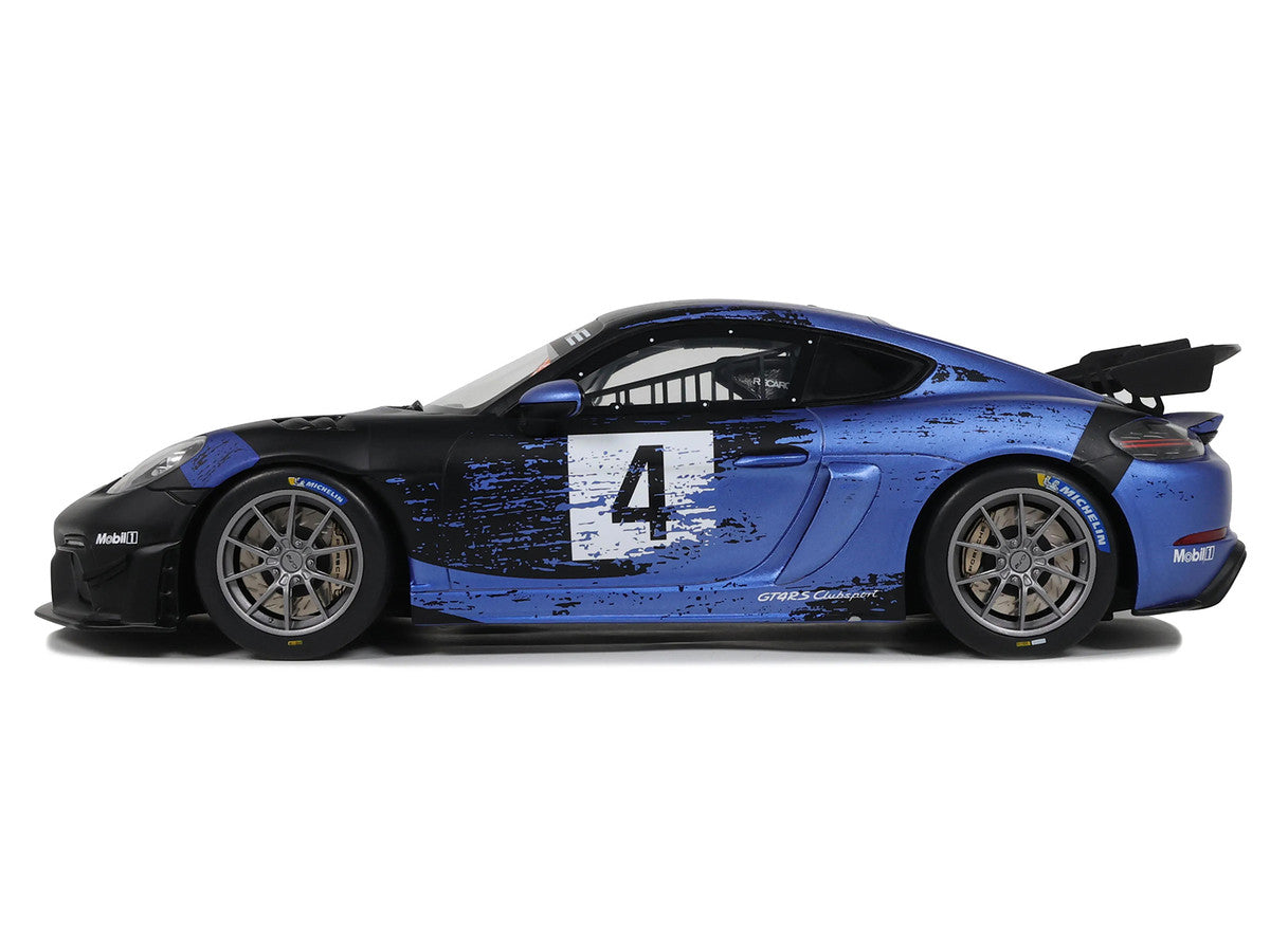 2021 Porsche Cayman 718 GT4 RS Clubsport #4 Black with Blue Graphics Limited Edition to 999 pieces Worldwide 1/18 Model Car by Otto Mobile LuxuryLifeWay Online Store