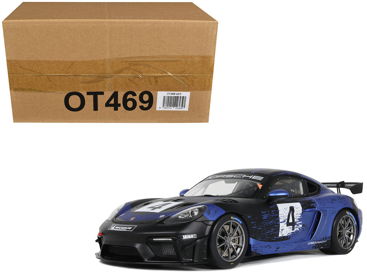 2021 Porsche Cayman 718 GT4 RS Clubsport #4 Black with Blue Graphics Limited Edition to 999 pieces Worldwide 1/18 Model Car by Otto Mobile LuxuryLifeWay Online Store