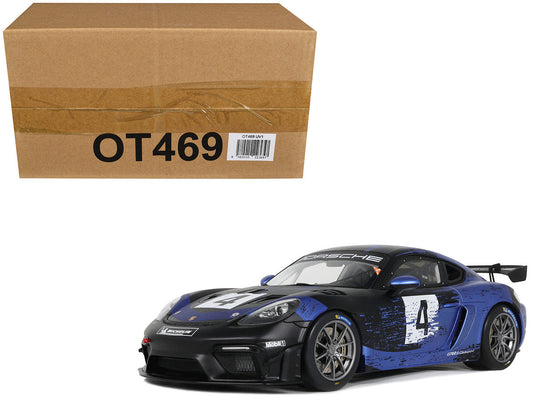 2021 Porsche Cayman 718 GT4 RS Clubsport #4 Black with Blue Graphics Limited Edition to 999 pieces Worldwide 1/18 Model Car by Otto Mobile LuxuryLifeWay Online Store
