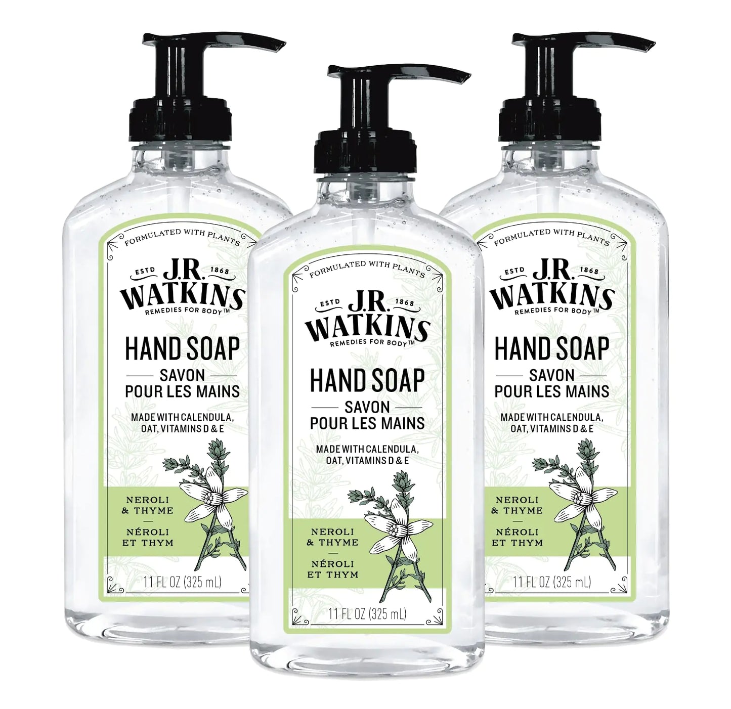 J.R. Watkins Liquid Hand Soap With Dispenser, Moisturizing Hand Soap, Alcohol-Free Hand Wash, Cruelty-Free, USA Made Liquid Soap For Bathroom and Kitchen, Neroli & Thyme, 11 Fl Oz, 3 Pack 11 Fl Oz (Pack of 3)