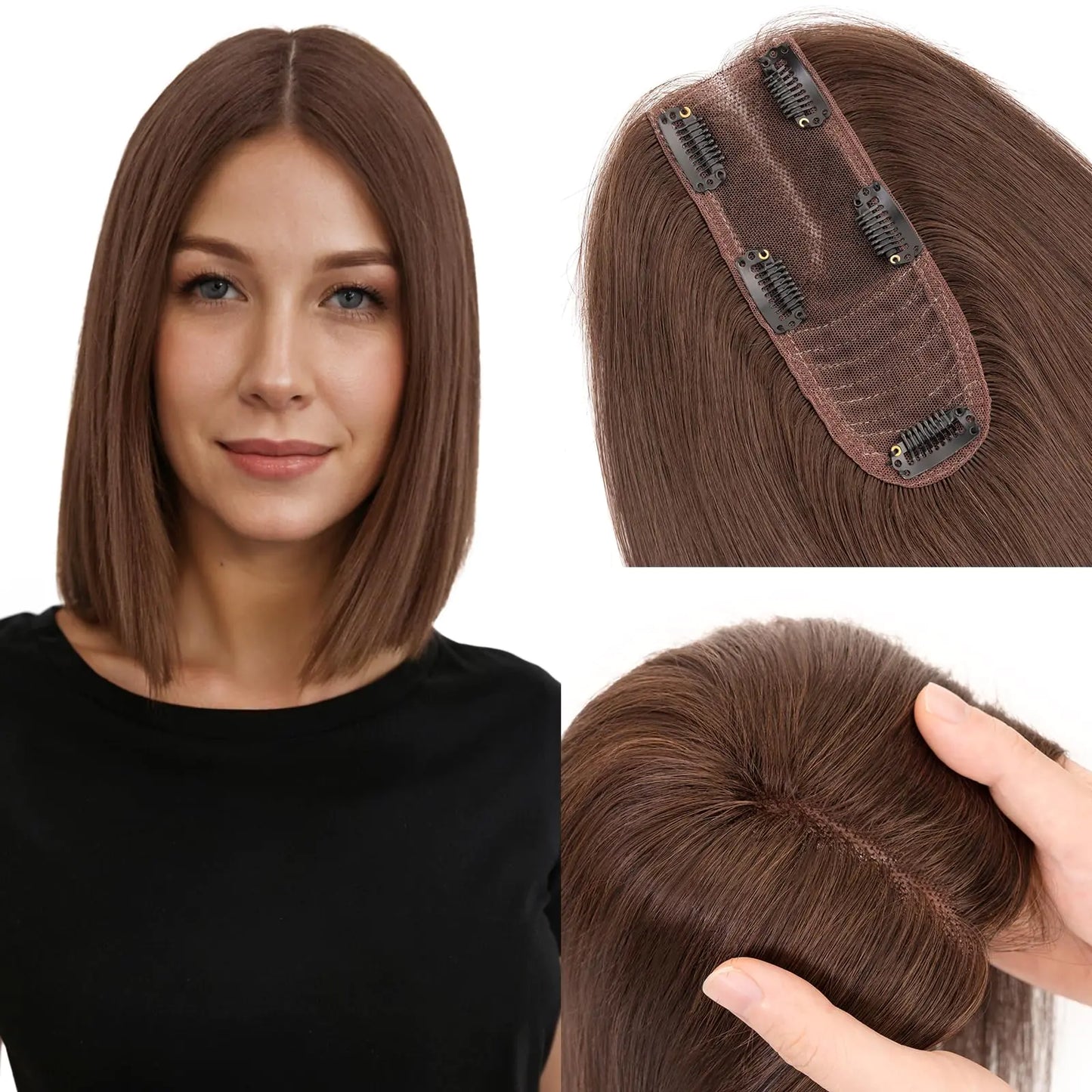 Hairro 100% Human Hair Topper Clip in Hair Hairpieces for Women 2.25"x6" Silk Base for Thinning Hair/Hair Loss/Covering Greyish Hair/Adding Hair Volume 10 Inch Dark brown