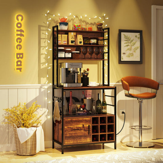 Coffee Bar Cabinet with Built-in Power Outlet and S-Shaped Hooks LuxuryLifeWay Online Store
