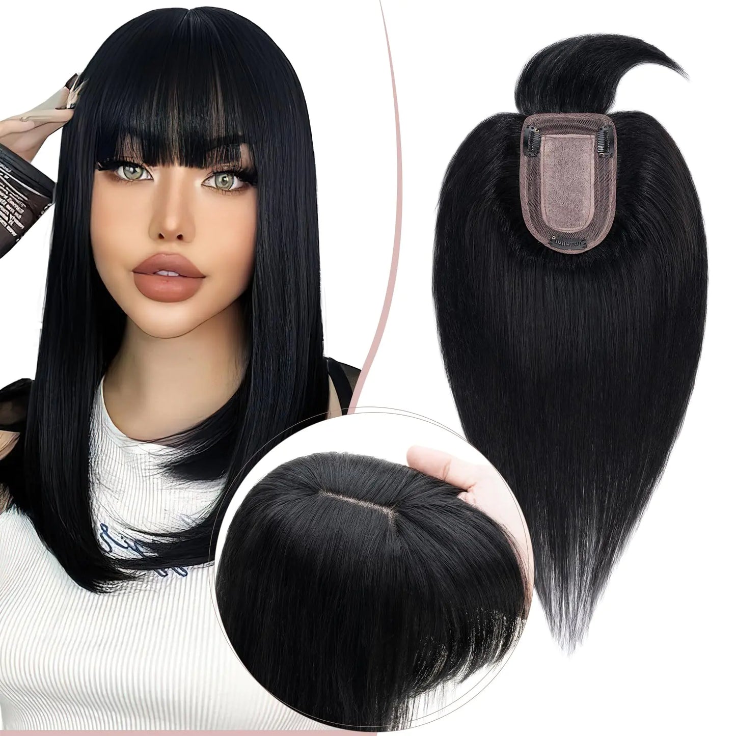 SEGO Pro Human Hair Topper with Bangs Hair Toppers for Women Real Human Hair Toppers Hair Pieces for Women Human Hair Toppers for Thin Hair 14 Inch #01 Dark Black