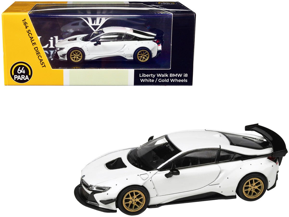 BMW i8 Liberty Walk White with Gold Wheels 1/64 Diecast Model Car by Paragon Models LuxuryLifeWay Online Store