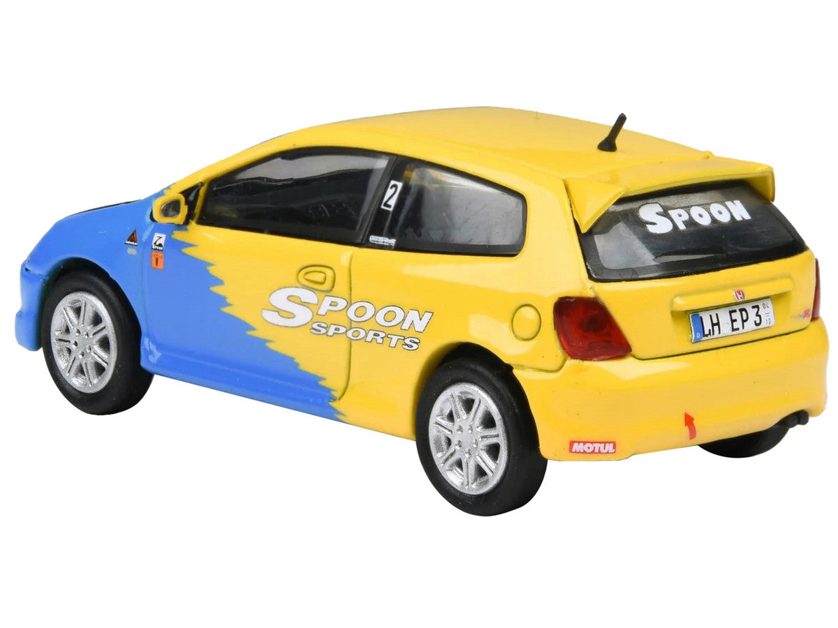 2001 Honda Civic Type R EP3 Blue and Yellow with Black Hood "Spoon Sports" 1/64 Diecast Model Car by Paragon Models LuxuryLifeWay Online Store