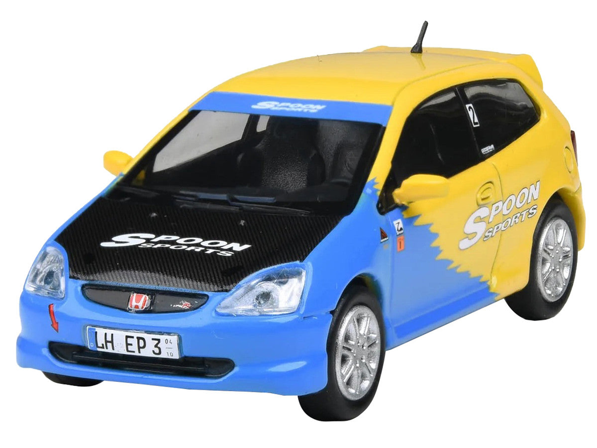 2001 Honda Civic Type R EP3 Blue and Yellow with Black Hood "Spoon Sports" 1/64 Diecast Model Car by Paragon Models LuxuryLifeWay Online Store