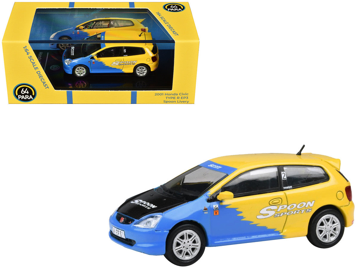 2001 Honda Civic Type R EP3 Blue and Yellow with Black Hood "Spoon Sports" 1/64 Diecast Model Car by Paragon Models LuxuryLifeWay Online Store