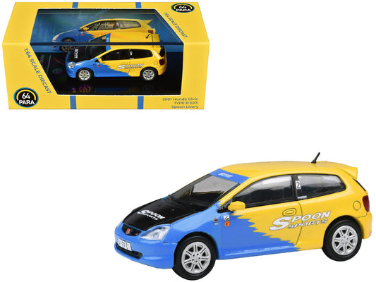 2001 Honda Civic Type R EP3 Blue and Yellow with Black Hood "Spoon Sports" 1/64 Diecast Model Car by Paragon Models LuxuryLifeWay Online Store