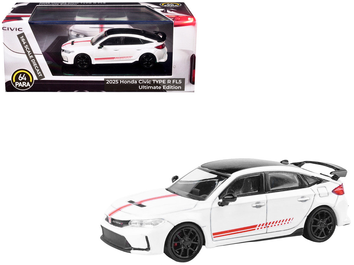 2025 Honda Civic Type R FL5 "Ultimate Edition" White with Red Stripes and Black Top 1/64 Diecast Model Car by Paragon LuxuryLifeWay Online Store