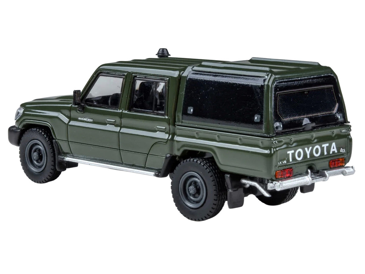 2014 Toyota Land Cruiser LC 79 with Camper Shell Military Green 1/64 Diecast Model Car by Paragon Models LuxuryLifeWay Online Store