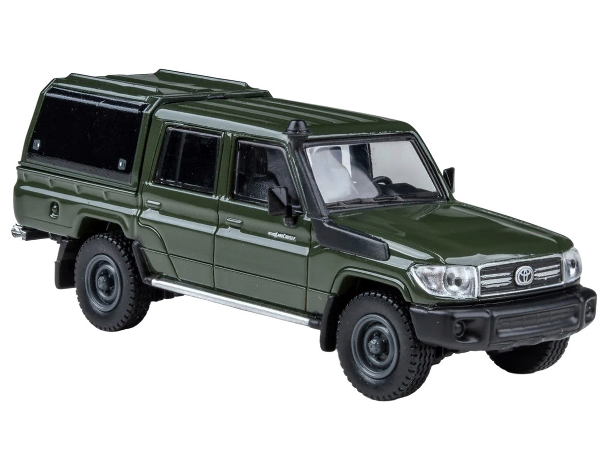 2014 Toyota Land Cruiser LC 79 with Camper Shell Military Green 1/64 Diecast Model Car by Paragon Models LuxuryLifeWay Online Store