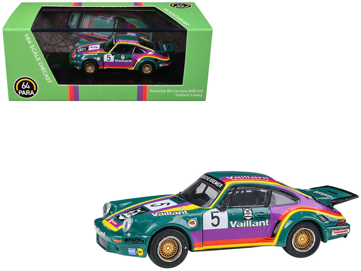 1975 Porsche 911 Carrera RSR 3.0 #5 "Kremer Racing - Vaillant" Green with Stripes 1/64 Diecast Model Car by Paragon Models LuxuryLifeWay Online Store