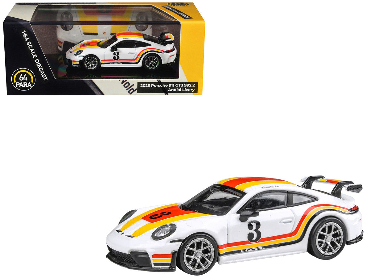 2025 Porsche 911 GT3 (992.2) #3 "Andial Livery" White with Stripes 1/64 Diecast Model Car by Paragon Models LuxuryLifeWay Online Store