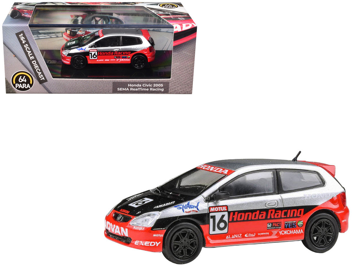 2005 Honda Civic #16 "SEMA RealTime Racing" Silver Metallic and Red with Black Graphics 1/64 Diecast Model Car by Paragon Models LuxuryLifeWay Online Store