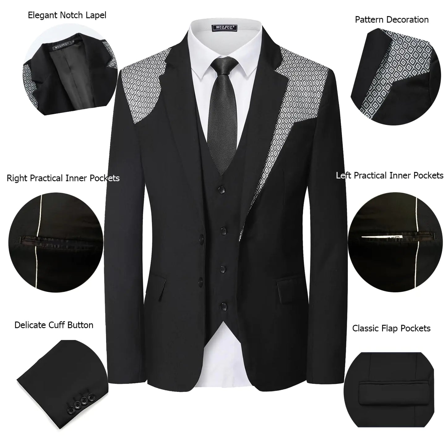 WULFUL Men's 3 Piece Slim Fit Suit Set Two Button Blazer Jacket Vest Pants Tuxedo Set for Party, Wedding and Business Medium Black-0371