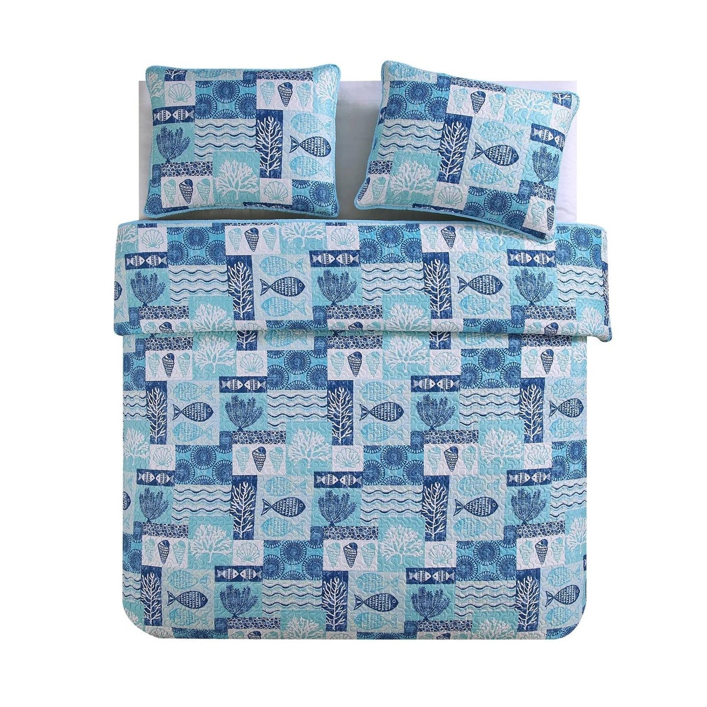 Full/Queen Aqua Blue Cream Beach Sea Shells Coral Fish Coastal 3-Piece Quilt Set LuxuryLifeWay Online Store