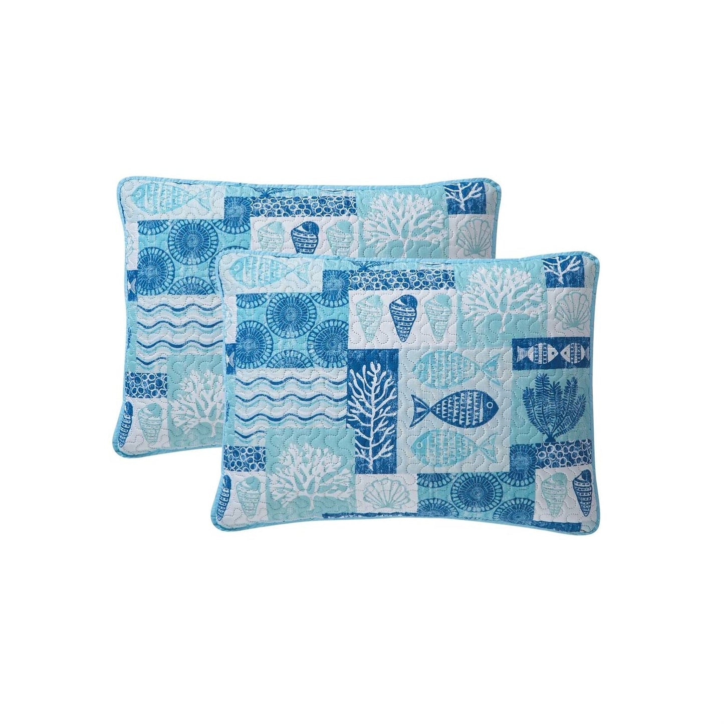 Full/Queen Aqua Blue Cream Beach Sea Shells Coral Fish Coastal 3-Piece Quilt Set LuxuryLifeWay Online Store