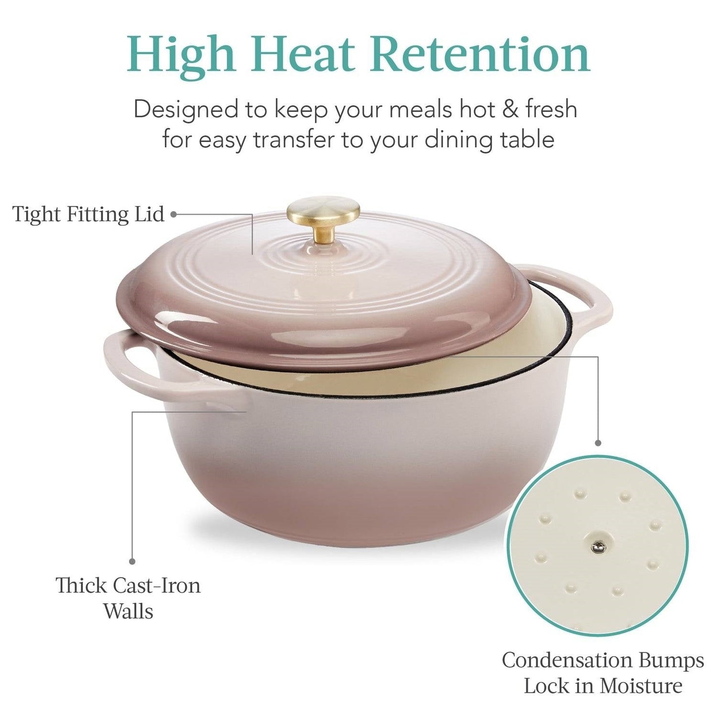 6 Quart Large Pink Beige Off-White Enamel Cast-Iron Dutch Oven Kitchen Cookware LuxuryLifeWay Online Store