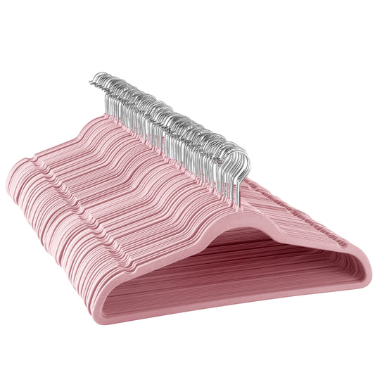 Elama Home 100 Piece Velvet Slim Profile Heavy Duty Felt Hangers with Stainless Steel Swivel Hooks in Pink