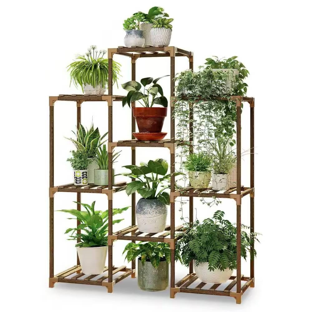 Natural Wood Bookcase Plant Stand Shelving Rack - Holds up to 9 Planters LuxuryLifeWay Online Store