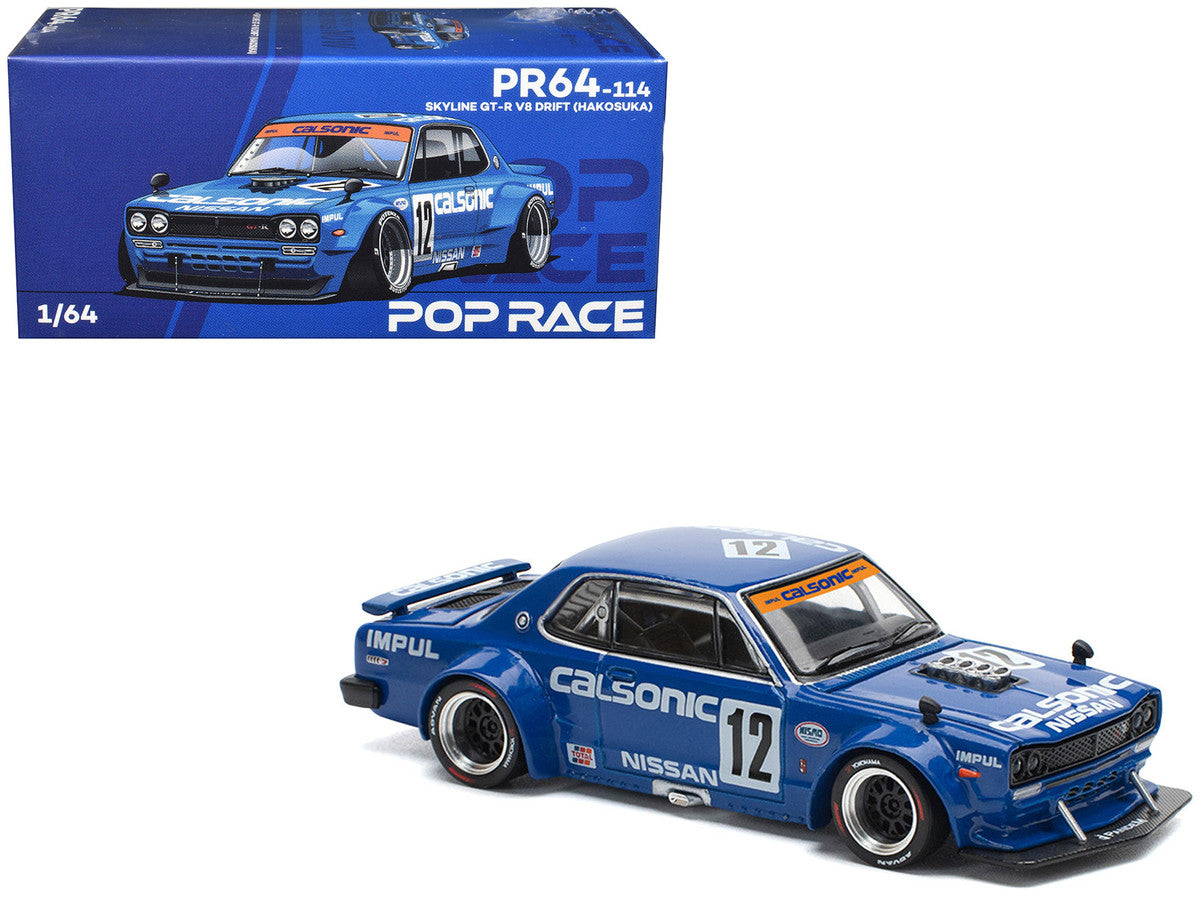 Skyline GT-R V8 Drift "Hakosuka" RHD (Right Hand Drive) #12 "Calsonic" Blue with Graphics 1/64 Diecast Model Car by Pop Race LuxuryLifeWay Online Store