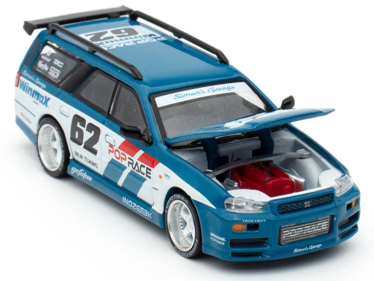 Nissan Stagea RHD (Right Hand Drive) #62 "Simon's Garage" Blue with White Sides 1/64 Diecast Model Car by Pop Race LuxuryLifeWay Online Store