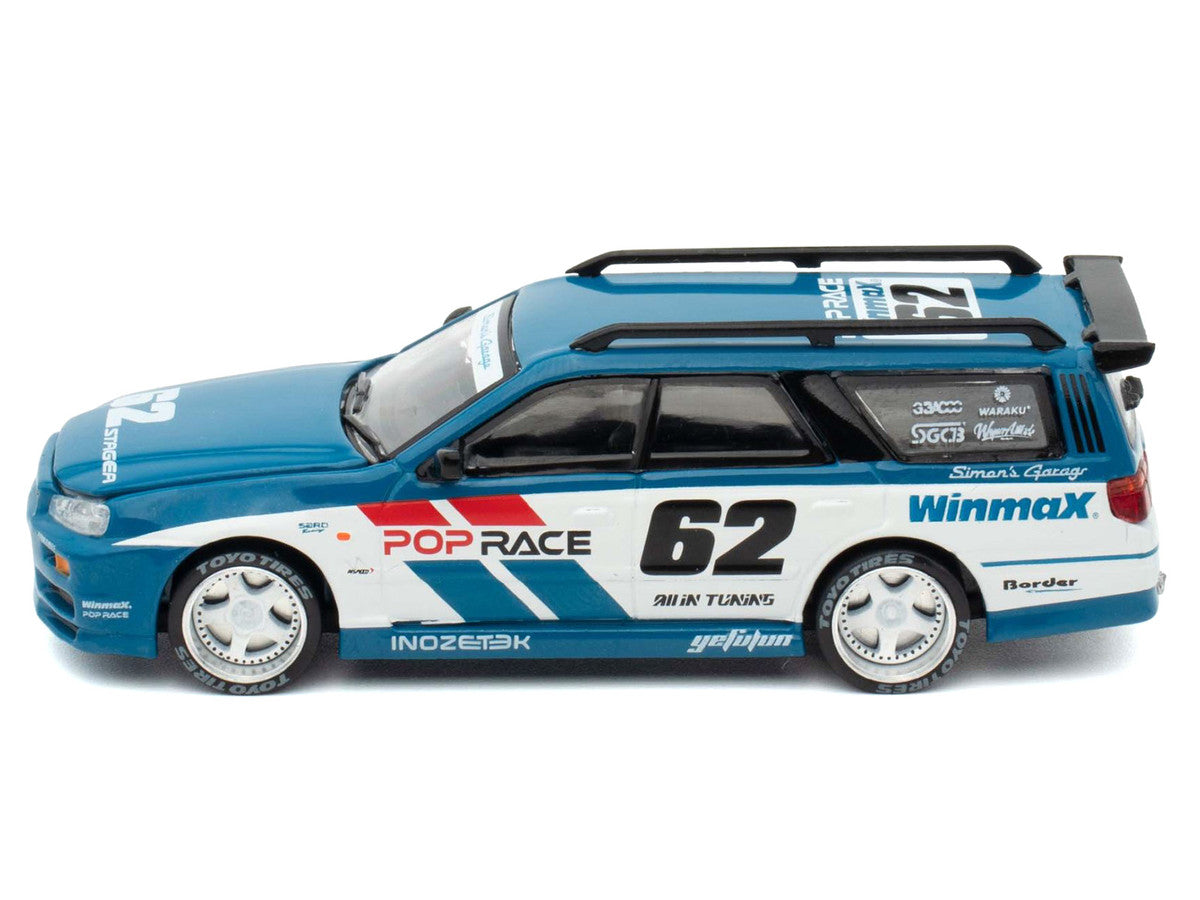 Nissan Stagea RHD (Right Hand Drive) #62 "Simon's Garage" Blue with White Sides 1/64 Diecast Model Car by Pop Race LuxuryLifeWay Online Store