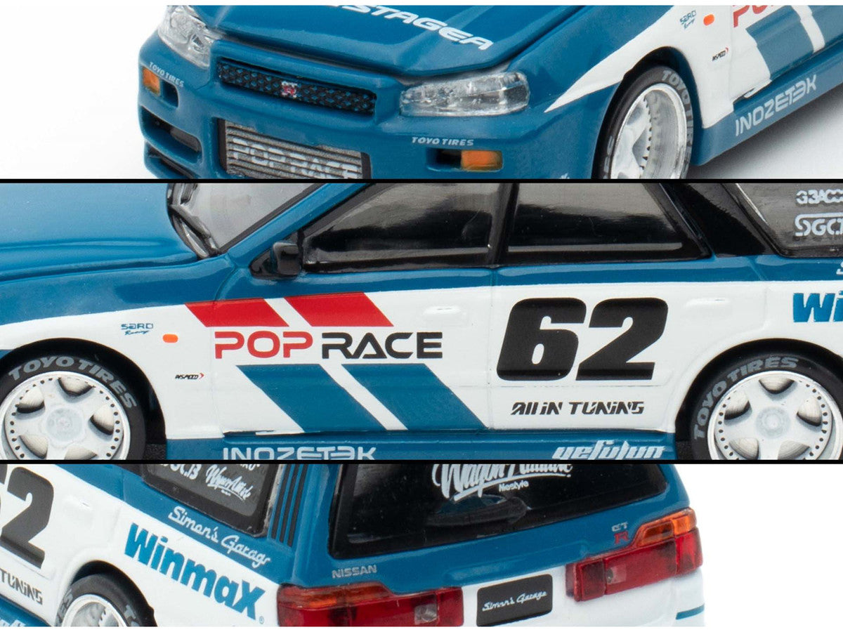 Nissan Stagea RHD (Right Hand Drive) #62 "Simon's Garage" Blue with White Sides 1/64 Diecast Model Car by Pop Race LuxuryLifeWay Online Store