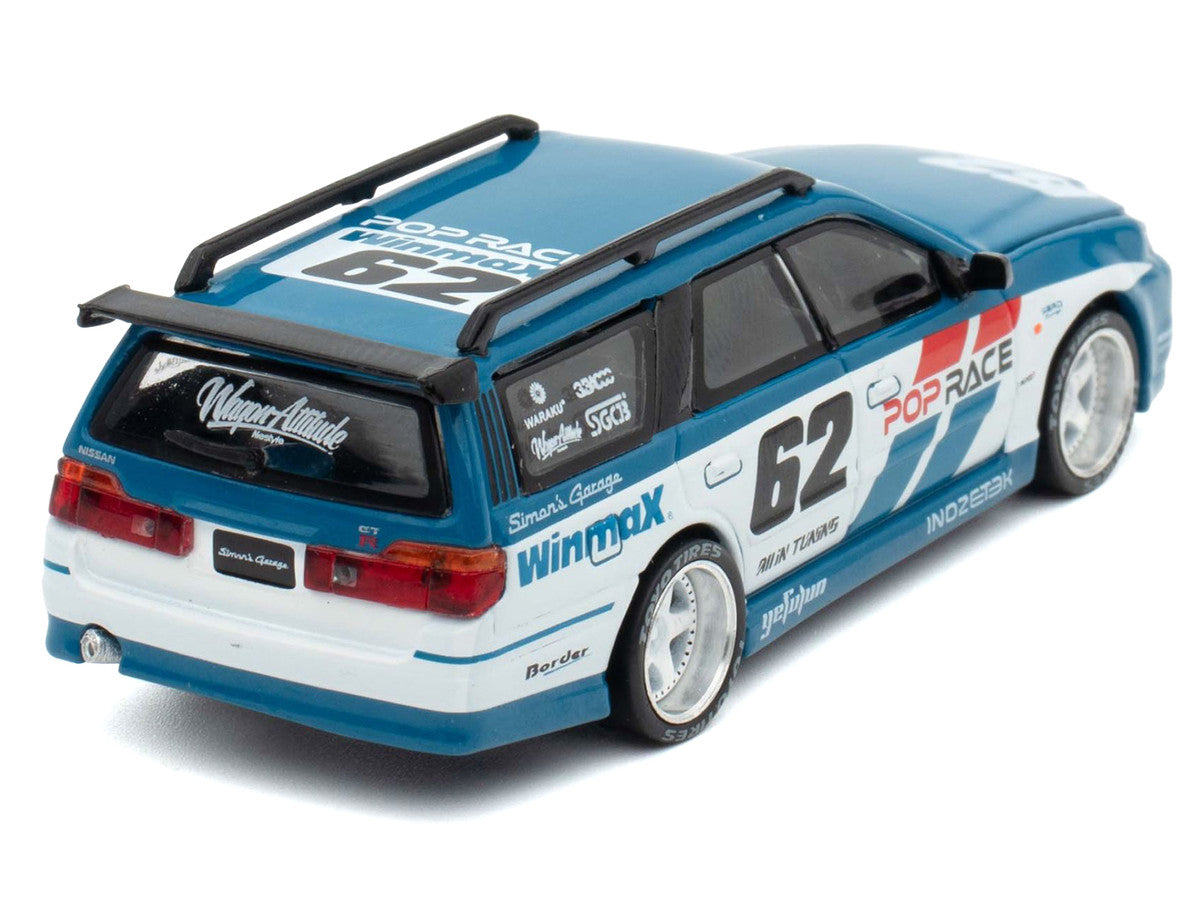 Nissan Stagea RHD (Right Hand Drive) #62 "Simon's Garage" Blue with White Sides 1/64 Diecast Model Car by Pop Race LuxuryLifeWay Online Store