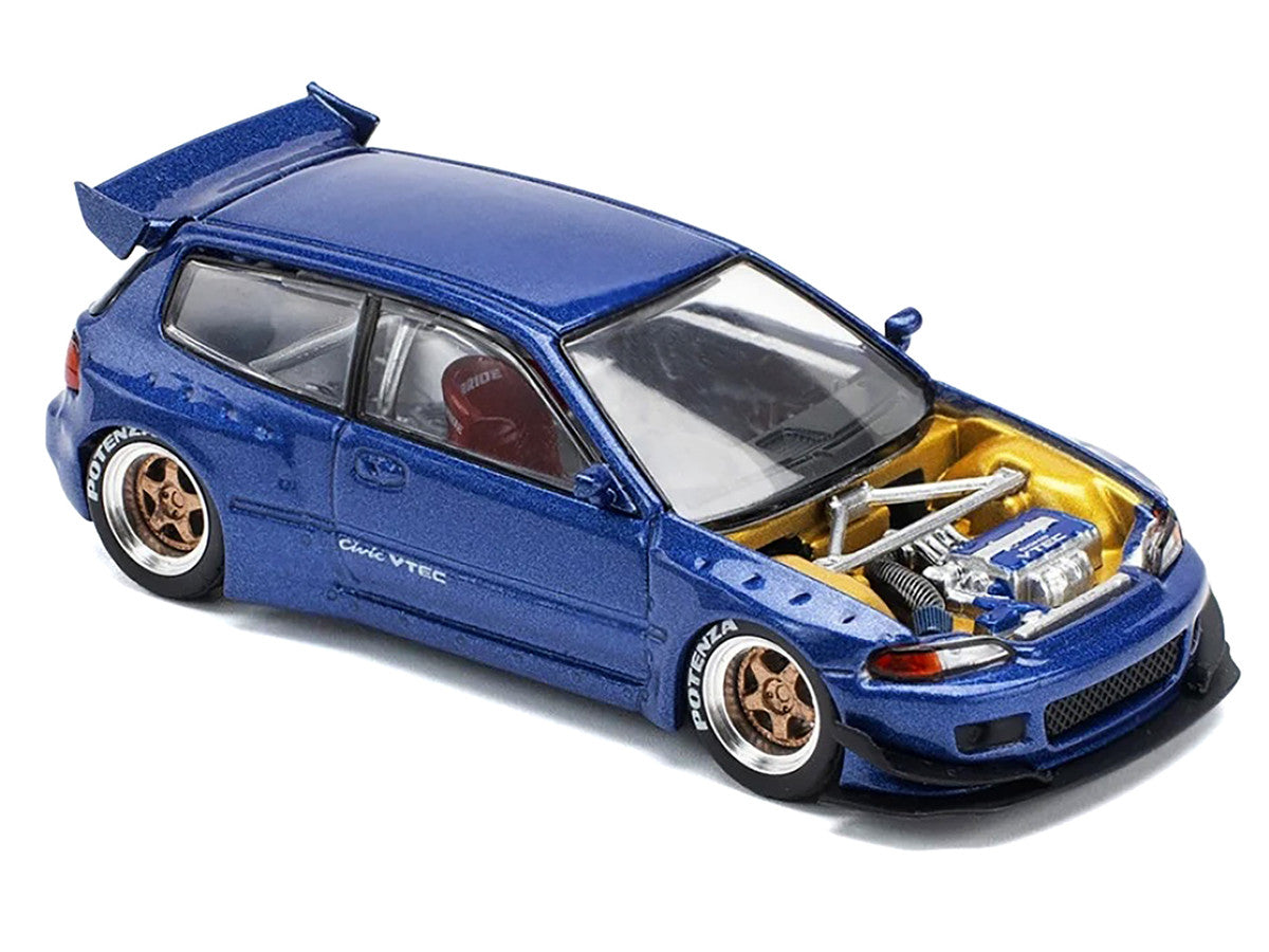Pandem Civic EG6 VTEC RHD (Right Hand Drive) Blue Metallic with No Hood 1/64 Diecast Model Car by Pop Race LuxuryLifeWay Online Store