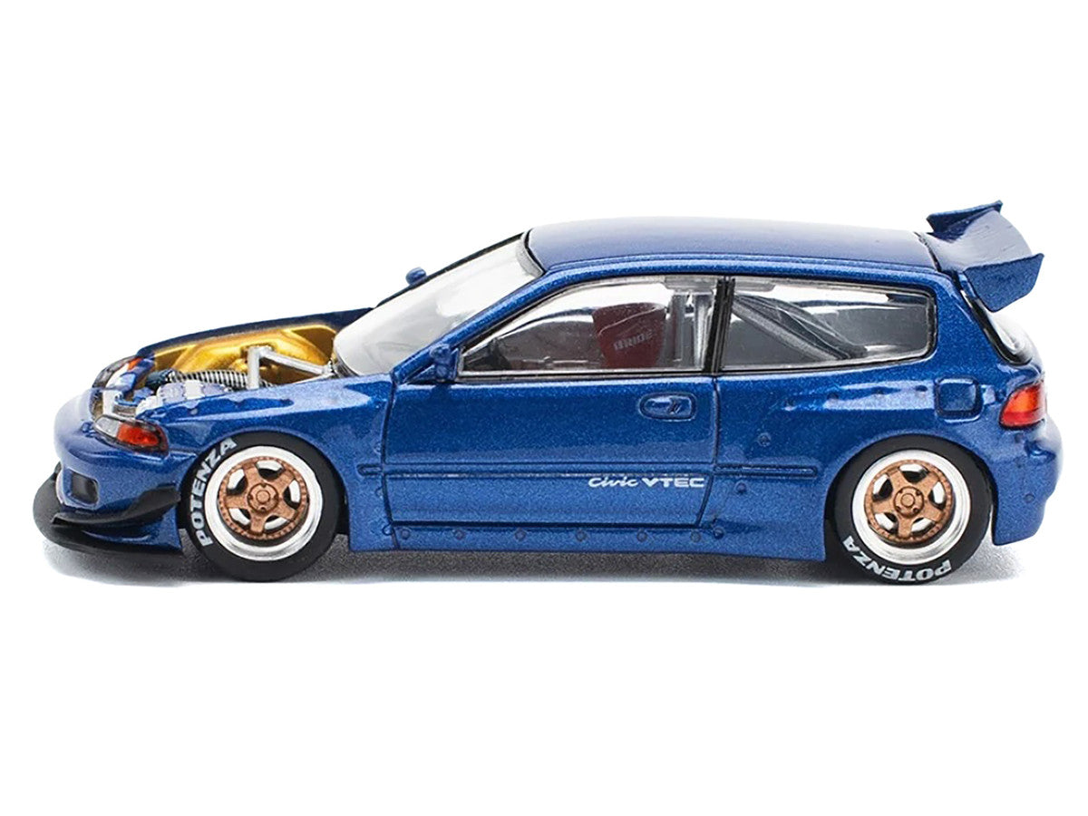 Pandem Civic EG6 VTEC RHD (Right Hand Drive) Blue Metallic with No Hood 1/64 Diecast Model Car by Pop Race LuxuryLifeWay Online Store