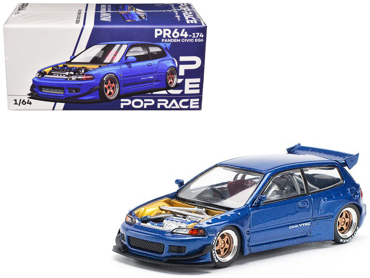 Pandem Civic EG6 VTEC RHD (Right Hand Drive) Blue Metallic with No Hood 1/64 Diecast Model Car by Pop Race LuxuryLifeWay Online Store