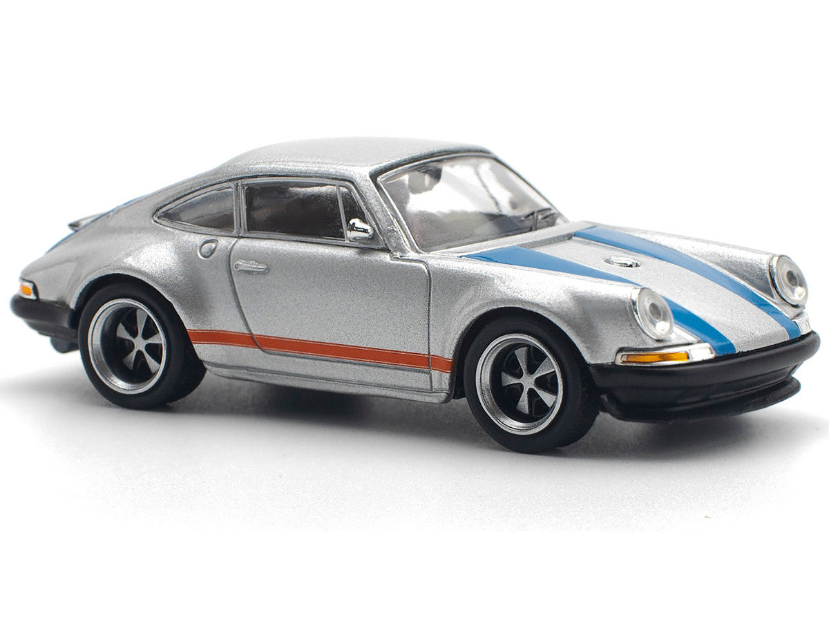 Singer 964 Silver Metallic with Blue and Red Stripes 1/64 Diecast Model Car by Pop Race LuxuryLifeWay Online Store