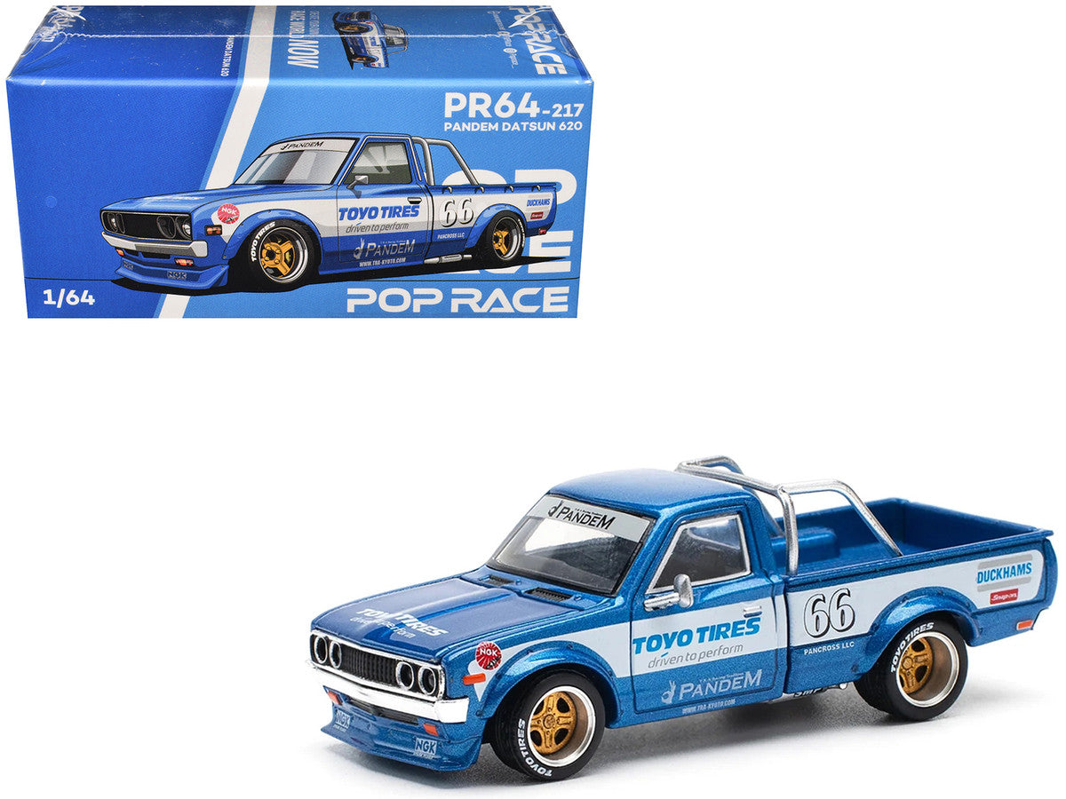 Datsun Pandem 620 Pickup Truck #66 Blue Metallic with White Stripes and Graphics 1/64 Diecast Model Car by Pop Race LuxuryLifeWay Online Store
