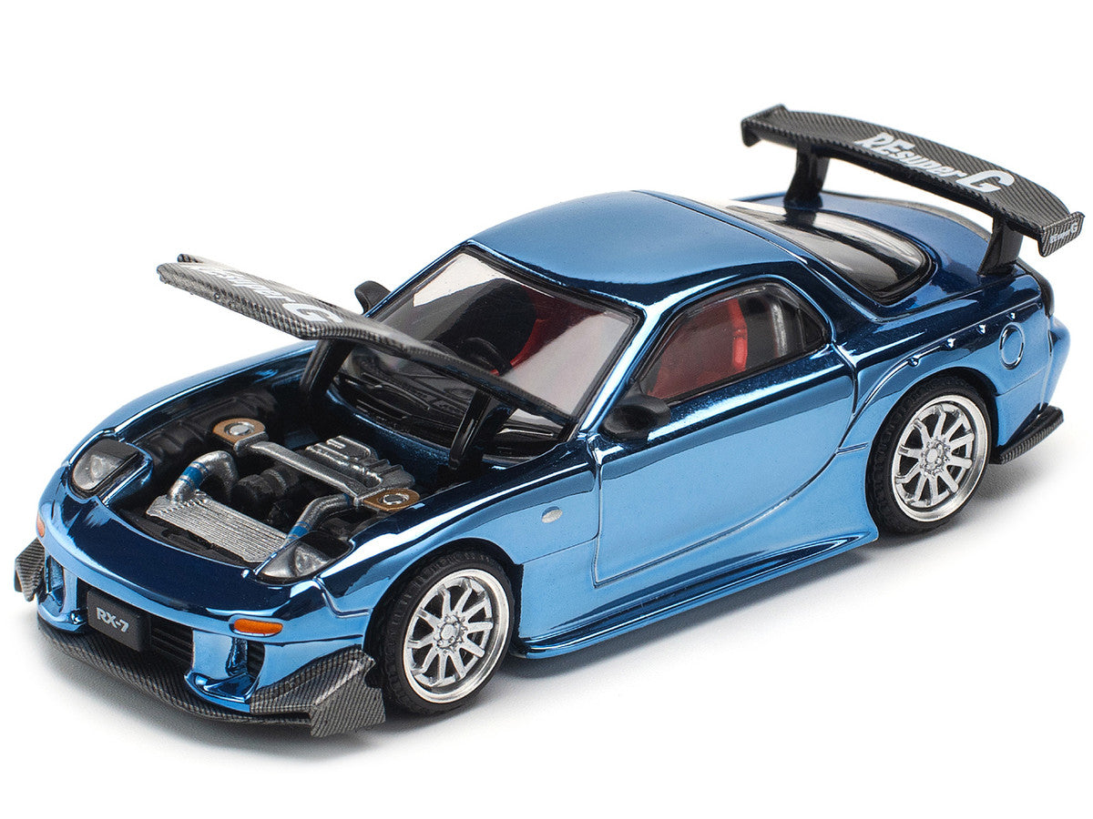 Mazda RX-7 RE-Amemiya Widebody RHD (Right Hand Drive) Blue Chrome with Carbon Hood 1/64 Diecast Model Car by Pop Race LuxuryLifeWay Online Store