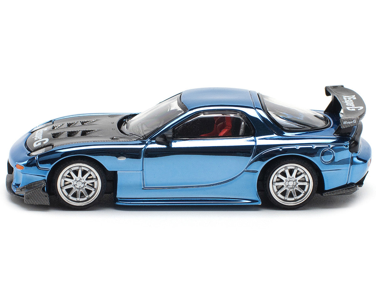 Mazda RX-7 RE-Amemiya Widebody RHD (Right Hand Drive) Blue Chrome with Carbon Hood 1/64 Diecast Model Car by Pop Race LuxuryLifeWay Online Store