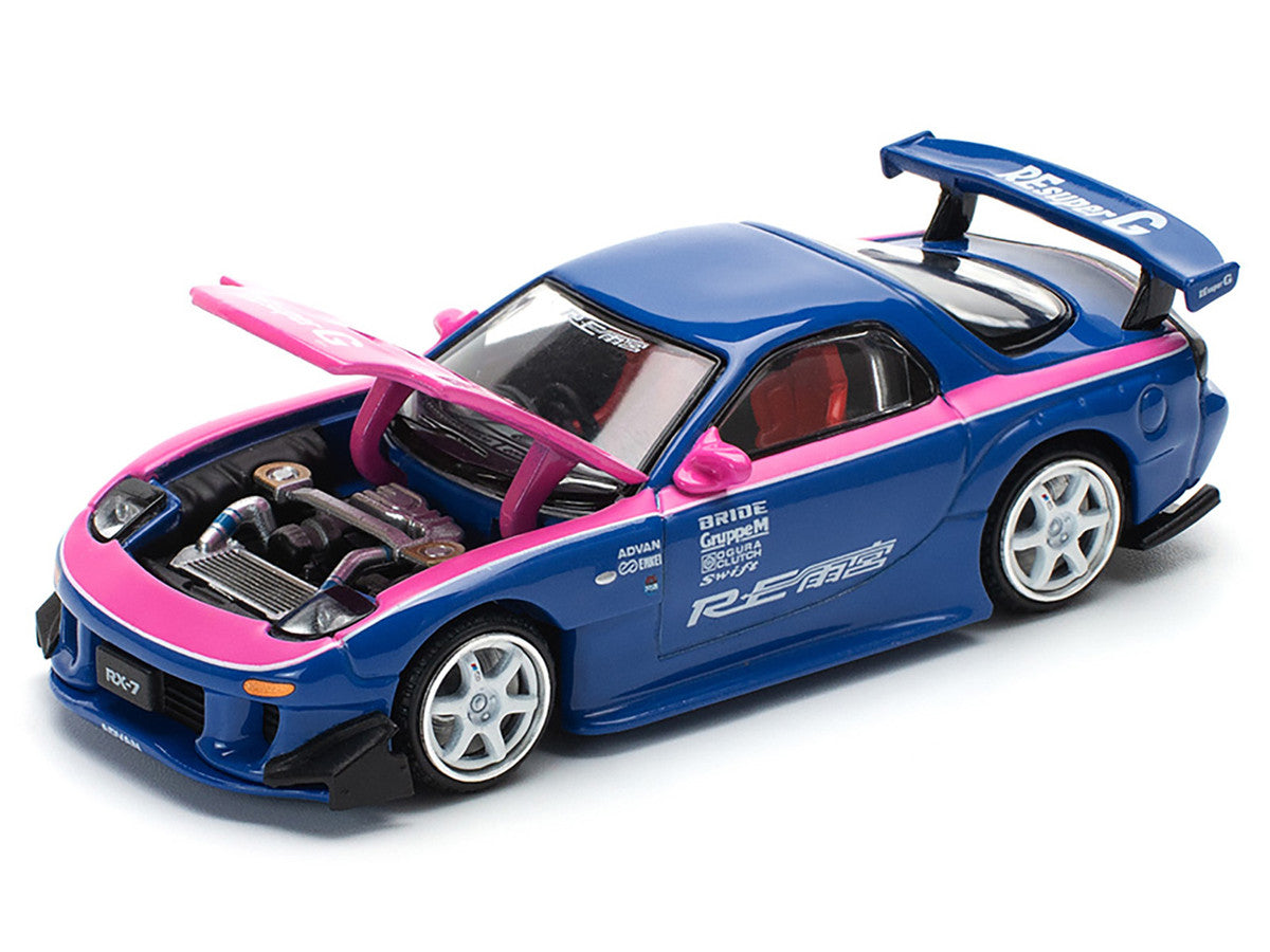 Mazda RX-7 RE-Amemiya Widebody RHD (Right Hand Drive) Blue with Pink Hood and Stripes 1/64 Diecast Model Car by Pop Race LuxuryLifeWay Online Store