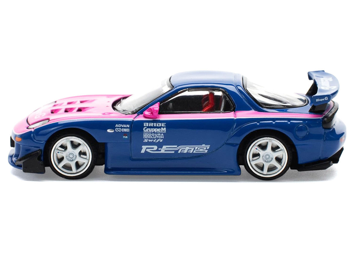 Mazda RX-7 RE-Amemiya Widebody RHD (Right Hand Drive) Blue with Pink Hood and Stripes 1/64 Diecast Model Car by Pop Race LuxuryLifeWay Online Store