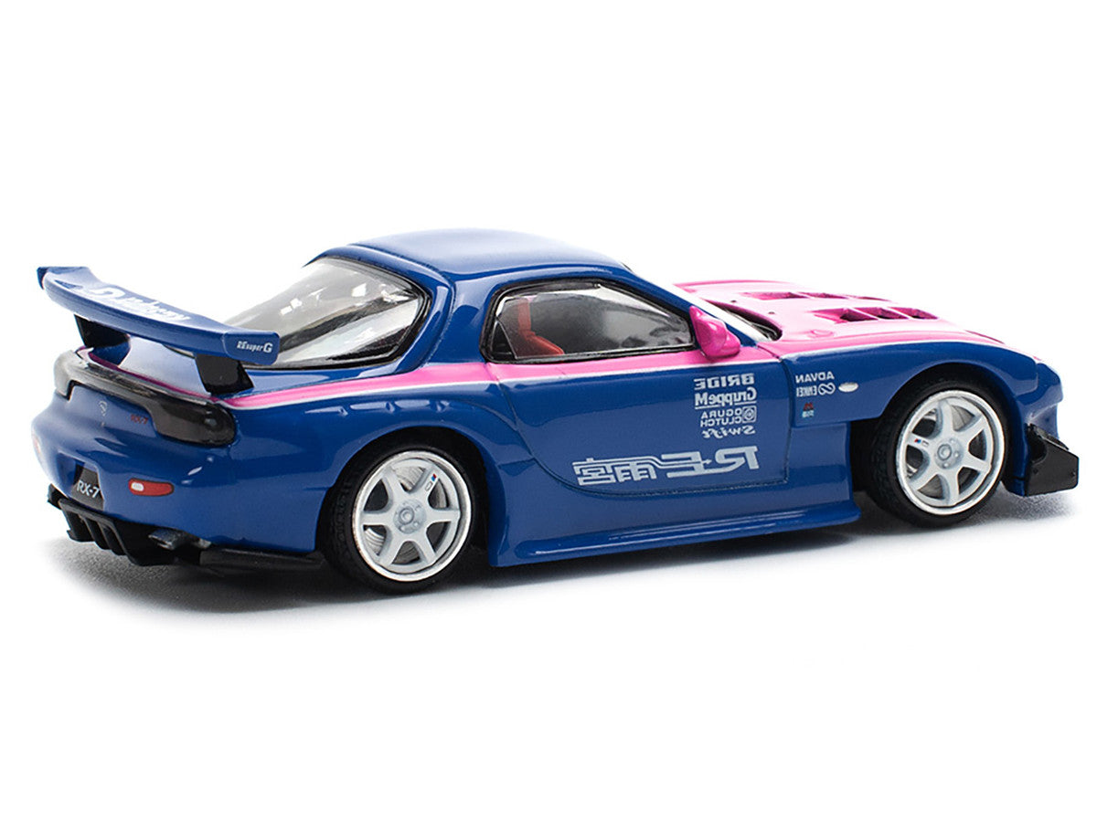 Mazda RX-7 RE-Amemiya Widebody RHD (Right Hand Drive) Blue with Pink Hood and Stripes 1/64 Diecast Model Car by Pop Race LuxuryLifeWay Online Store