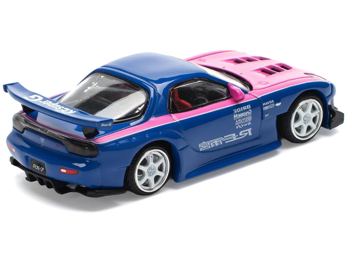 Mazda RX-7 RE-Amemiya Widebody RHD (Right Hand Drive) Blue with Pink Hood and Stripes 1/64 Diecast Model Car by Pop Race LuxuryLifeWay Online Store