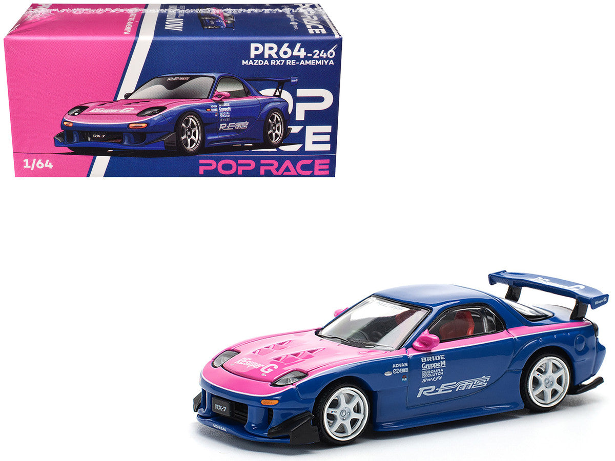 Mazda RX-7 RE-Amemiya Widebody RHD (Right Hand Drive) Blue with Pink Hood and Stripes 1/64 Diecast Model Car by Pop Race LuxuryLifeWay Online Store