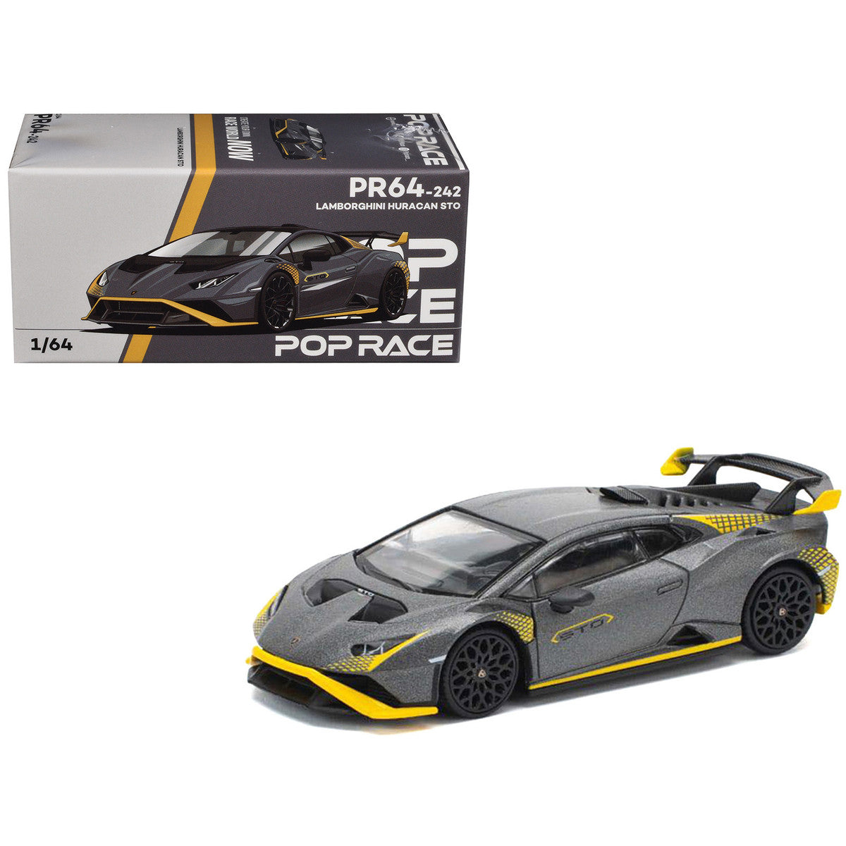 Lamborghini Huracan STO Matt Gray Metallic with Yellow Accents 1/64 Diecast Model Car by Pop Race LuxuryLifeWay Online Store