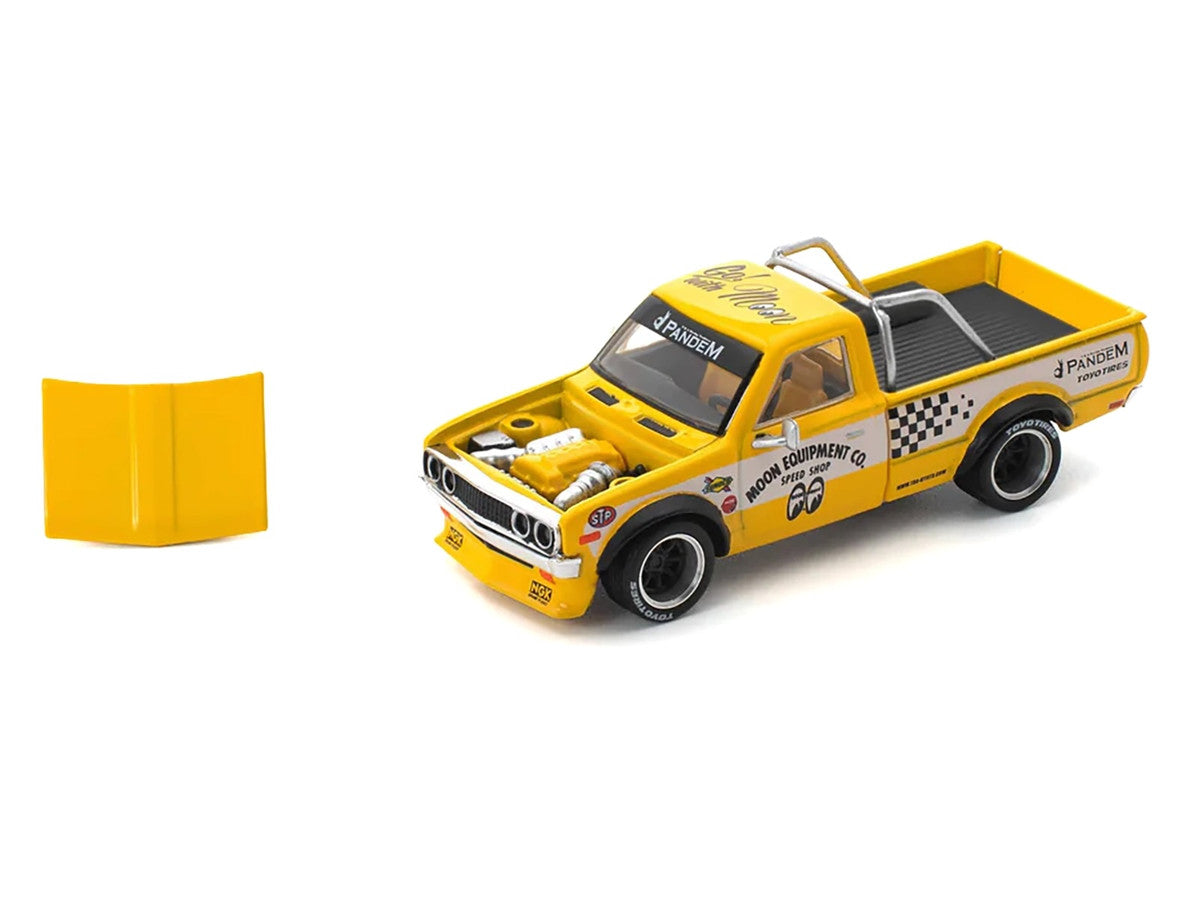 Datsun Pandem 620 Pickup Truck "MoonEyes" Yellow with White Sides and Graphics 1/64 Diecast Model Car by Pop Race LuxuryLifeWay Online Store