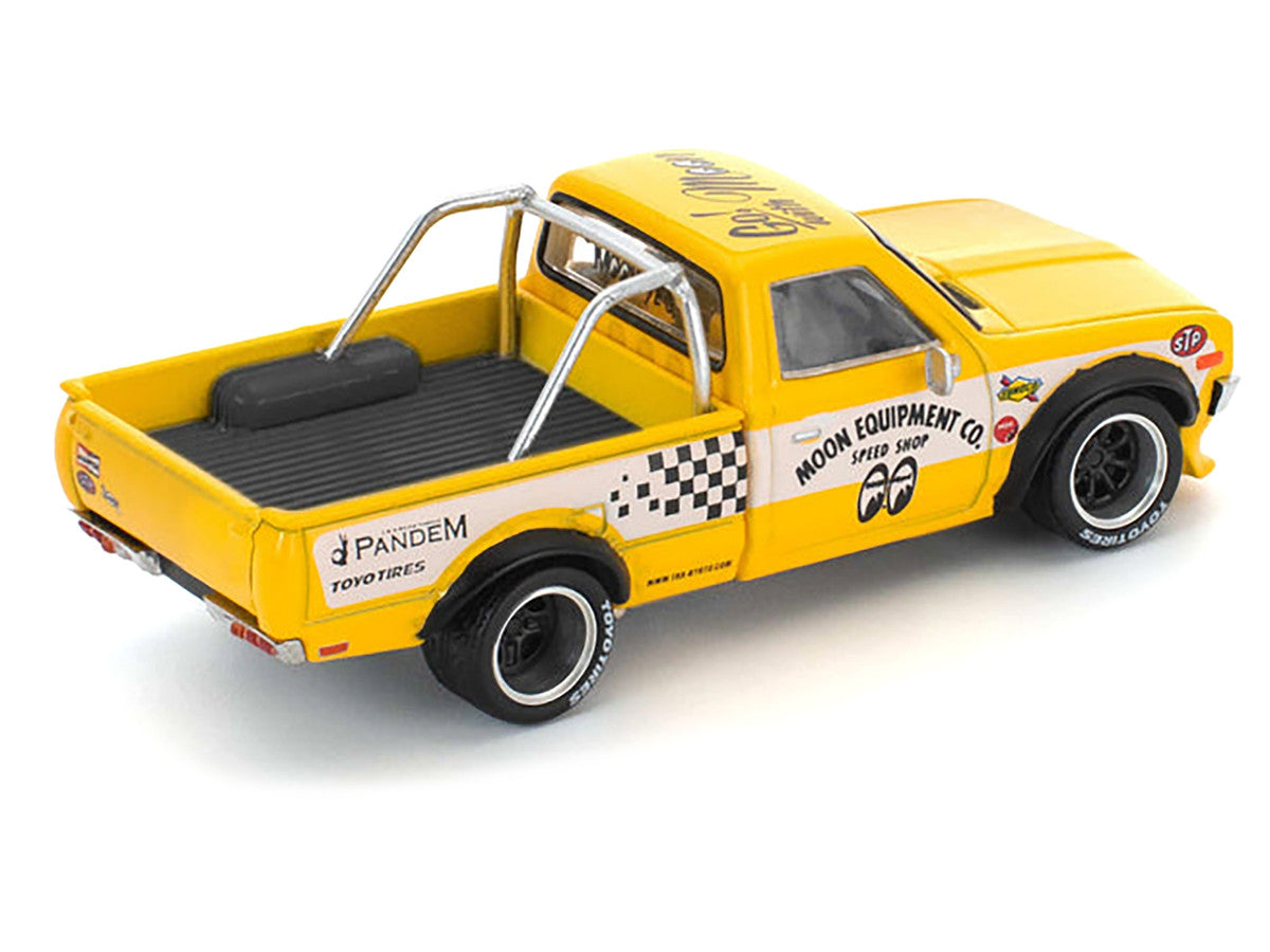 Datsun Pandem 620 Pickup Truck "MoonEyes" Yellow with White Sides and Graphics 1/64 Diecast Model Car by Pop Race LuxuryLifeWay Online Store