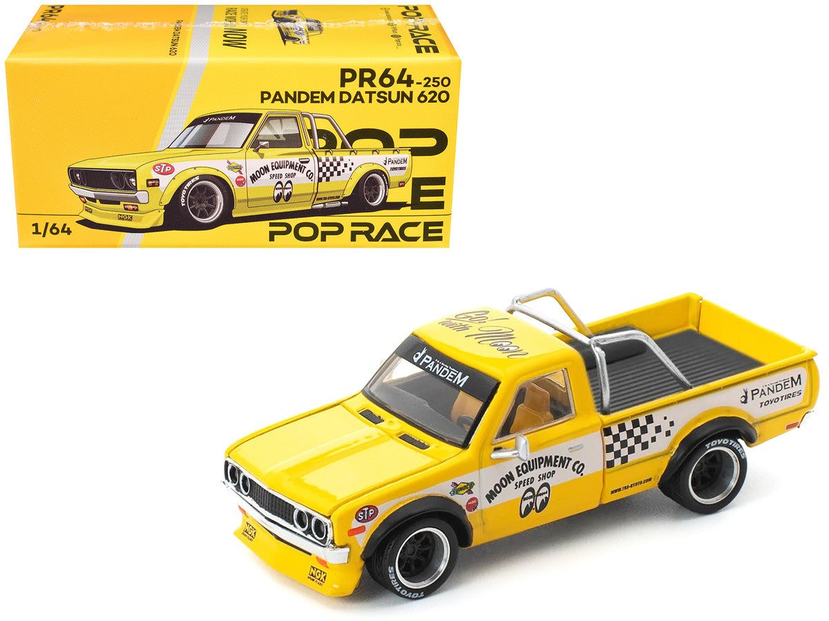Datsun Pandem 620 Pickup Truck "MoonEyes" Yellow with White Sides and Graphics 1/64 Diecast Model Car by Pop Race LuxuryLifeWay Online Store