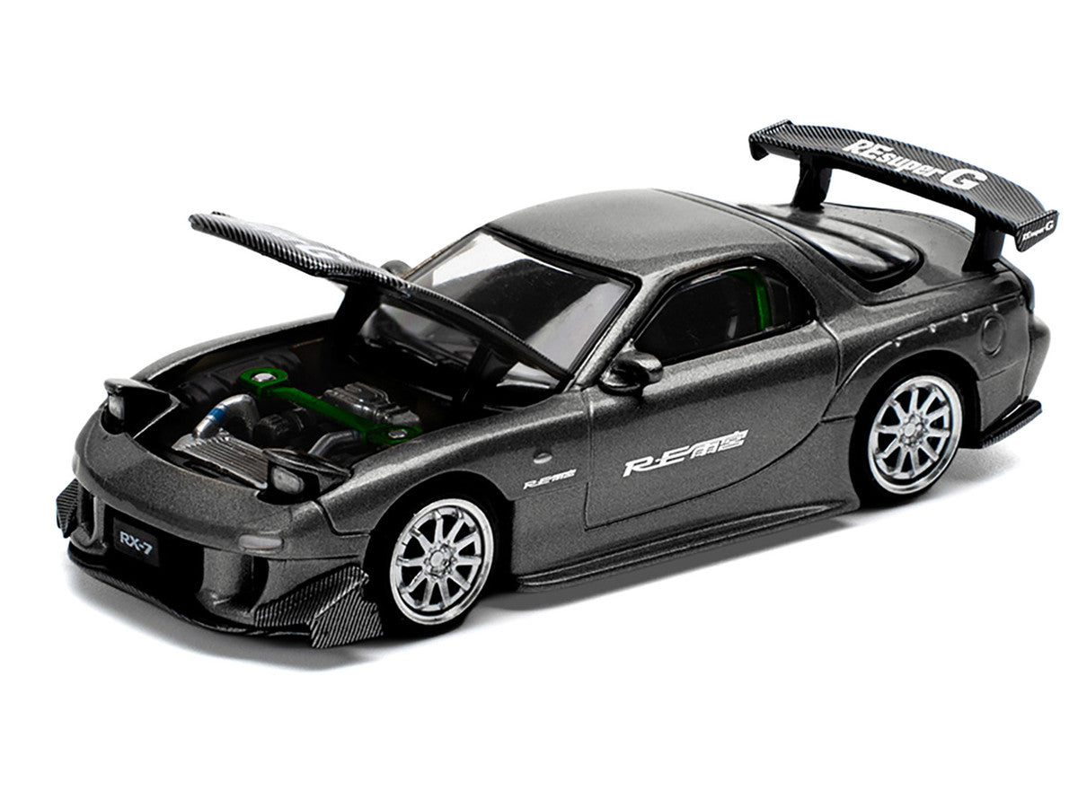 Mazda RX7 (FD) "RE Amemiya" Widebody RHD (Right Hand Drive) Gunmetal Gray Metallic with Carbon Hood 1/64 Diecast Model Car by Pop Race LuxuryLifeWay Online Store