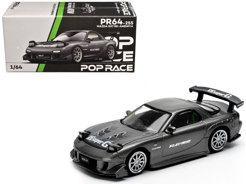 Mazda RX7 (FD) "RE Amemiya" Widebody RHD (Right Hand Drive) Gunmetal Gray Metallic with Carbon Hood 1/64 Diecast Model Car by Pop Race LuxuryLifeWay Online Store
