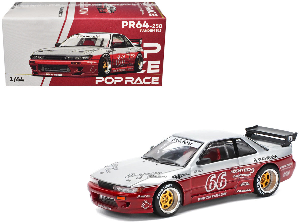 Nissan Pandem S13 RHD (Right Hand Drive) #66 "Moontech" Silver and Red Metallic 1/64 Diecast Model Car by Pop Race LuxuryLifeWay Online Store